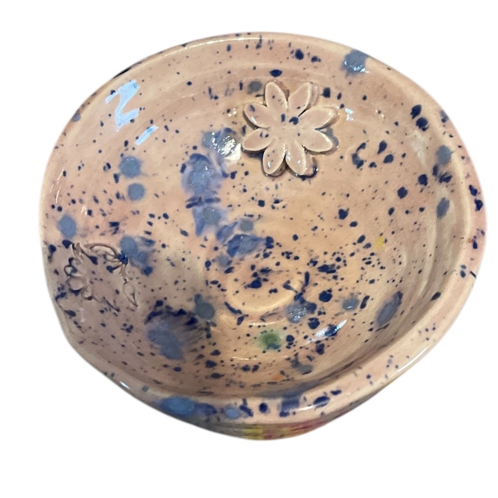 Small Ceramic Floral Stamp Pink Bowl With Sparkle Speckled Clay With‎ Base, NEW